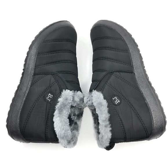 BJ Black Quilted Faux Fur Lined Soft Sole Flat Ankle Waterproof Slipper Shoes - Picture 10 of 16